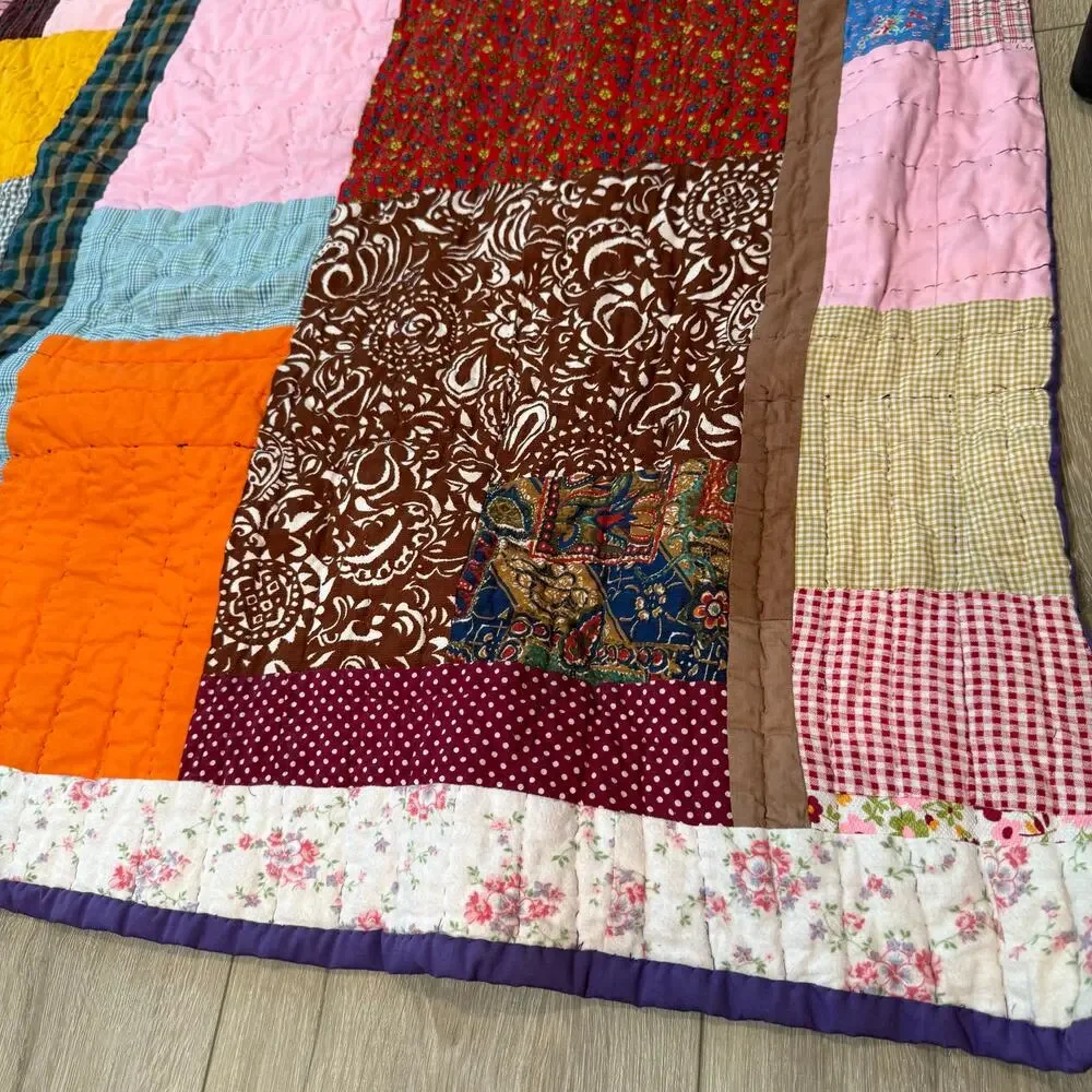 Vintage 70s Crazy Quilt Patchwork hand stitched multicolored 79